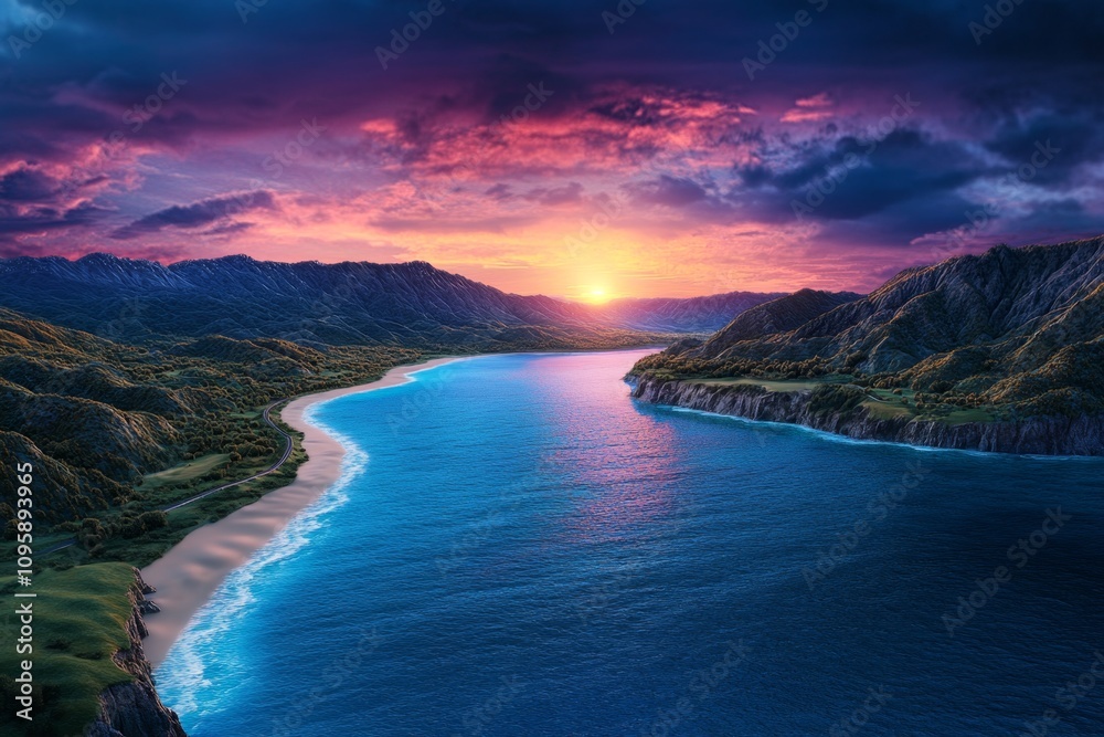 America’s Pacific Coast Highway illustrated in dynamic 3D, featuring cliffs, waves, and winding roads under a vibrant sunset America’s Pacific Coast Highway illustrated in dynamic 3D, featuring cliffs, waves, and winding roads under a vibrant sunset