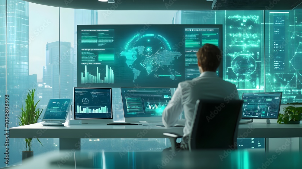 A professional analyzing real-time energy usage data on IoT-enabled dashboards in a green office. 4k resolution, Cinematic Scene A professional analyzing real-time energy usage data on IoT-enabled dashboards in a green office. 4k resolution, Cinematic Scene