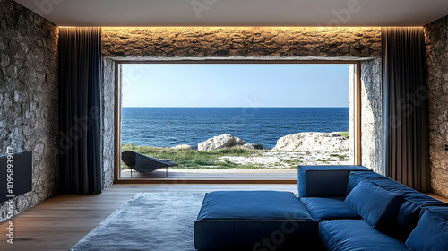 Living Room with Ocean View Through Large Window - Interior Design Photo