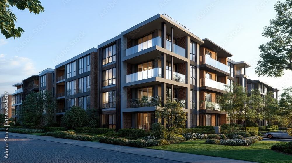 Modern Apartment Exterior View in Urban Setting Modern Apartment Exterior View in Urban Setting