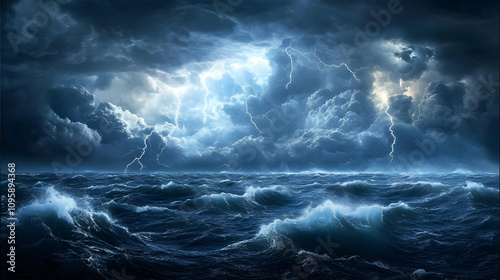 Dark Stormy Sea with Lightning Illustration