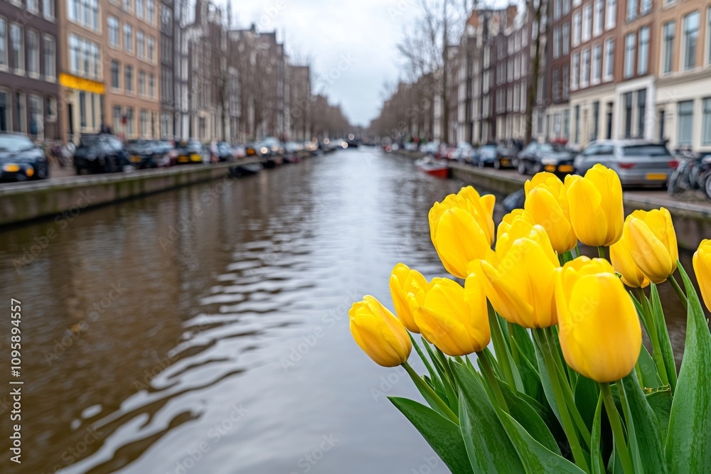 Obraz premium Amsterdamâ€™s Flower Market along the Singel Canal, with vibrant displays of tulips, daffodils, and exotic blooms