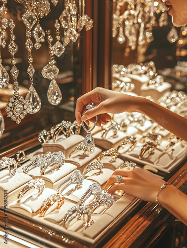 ewelry expert helping a customer choose an engagement ring in a luxury boutique photo