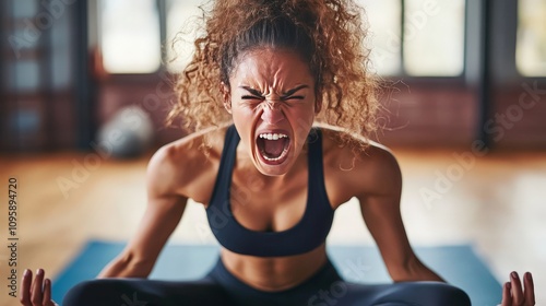 A woman in a yoga studio, struggling with a pose and showing an expression of anger and frustration.