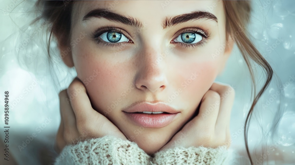 A woman looking hopeful, her eyes wide and lips slightly parted, with her hands clasped under her chin. A woman looking hopeful, her eyes wide and lips slightly parted, with her hands clasped under her chin.