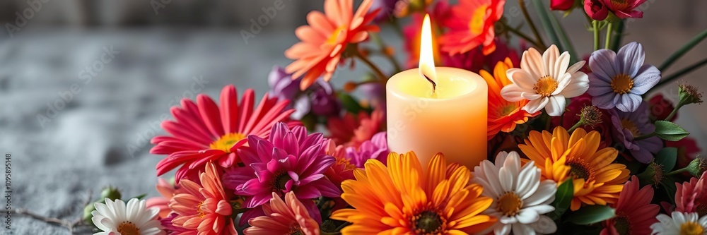 Candle with colorful flowers surrounding it, warm lighting, candles, festive Candle with colorful flowers surrounding it, warm lighting, candles, festive