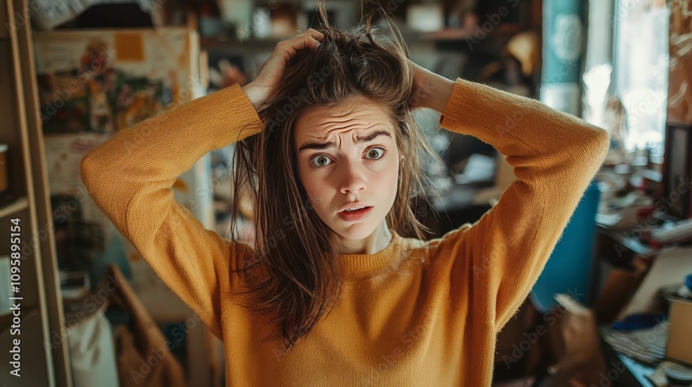 A woman pulling at her own hair, her eyes wide with frustration, standing in a cluttered room. A woman pulling at her own hair, her eyes wide with frustration, standing in a cluttered room.
