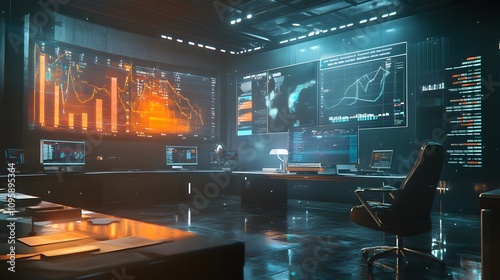 A modern workspace featuring holographic charts for evaluating customer satisfaction metrics in real time. 4k resolution, Cinematic Scene