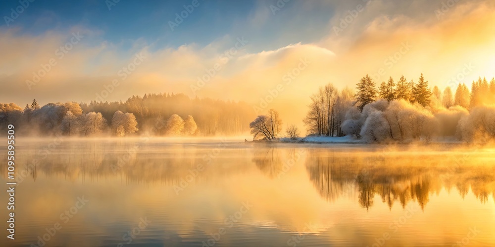 Serene winter sunrise over a tranquil lake, with frost-covered trees reflecting in the calm water, creating a breathtaking golden hour scene. Serene winter sunrise over a tranquil lake, with frost-covered trees reflecting in the calm water, creating a breathtaking golden hour scene.