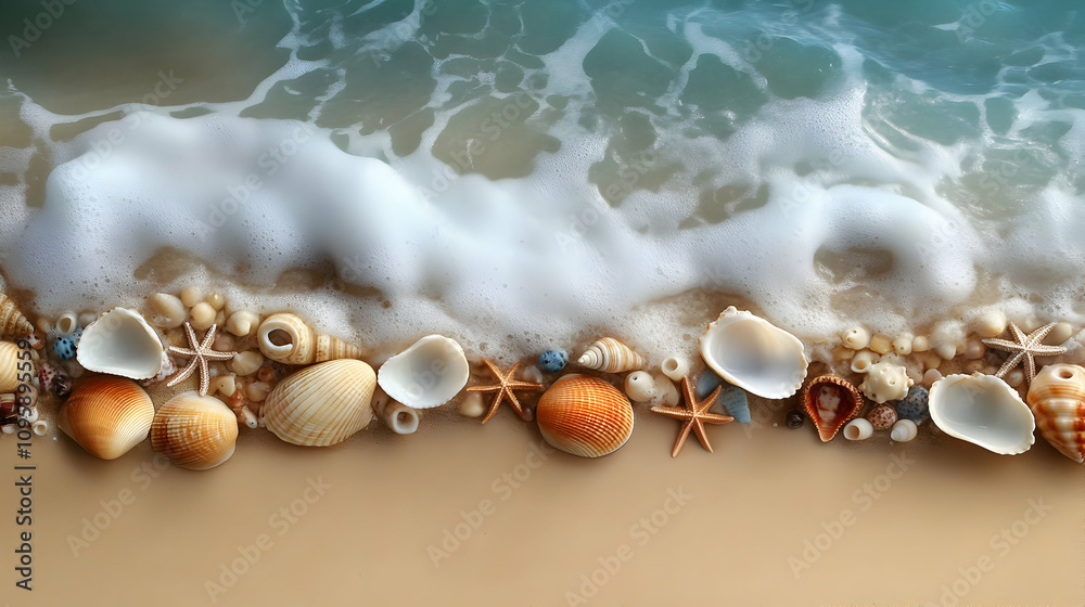 Naklejka premium Seashells and Starfish on Sandy Beach with Foamy Ocean Wave - Photo