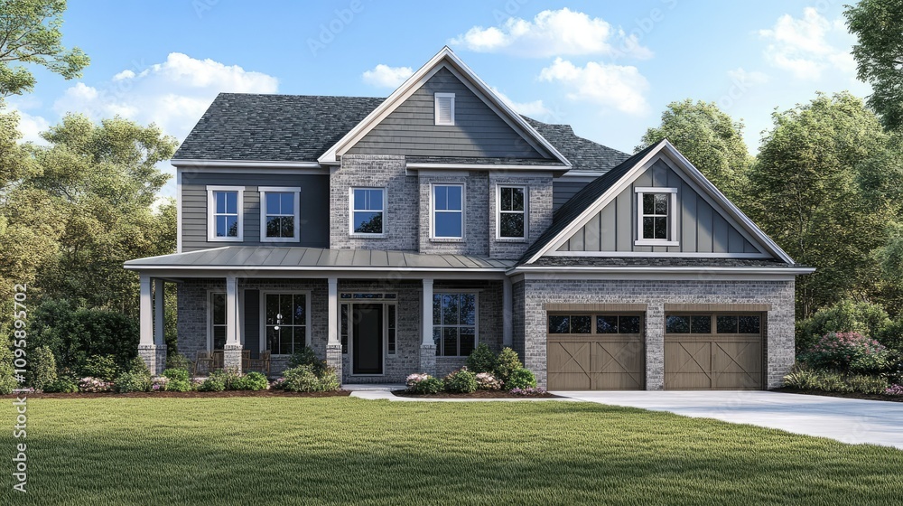 Modern Two-Storey House in Daylight Rendering Modern Two-Storey House in Daylight Rendering