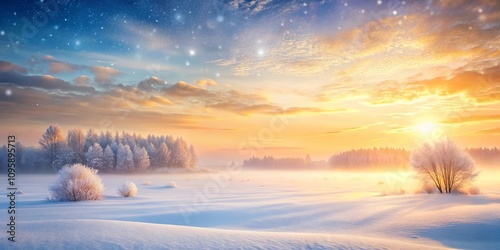 Serene Winter Sunrise Over a Frosty Field with Snow-Covered Trees and a Starry Sky