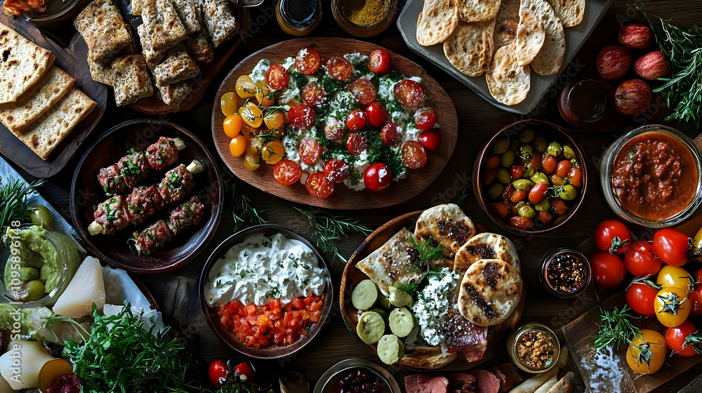 Mediterranean Party Platter with Flatbreads, Meats and Dips - Food Photography Mediterranean Party Platter with Flatbreads, Meats and Dips - Food Photography