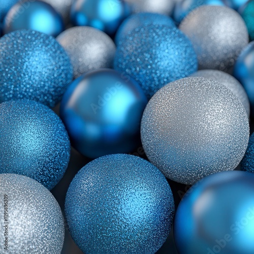 Close-up of shiny blue and silver Christmas ornaments.