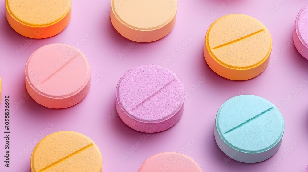 Painkiller tablets, scattered in vibrant colors Painkiller tablets, scattered in vibrant colors