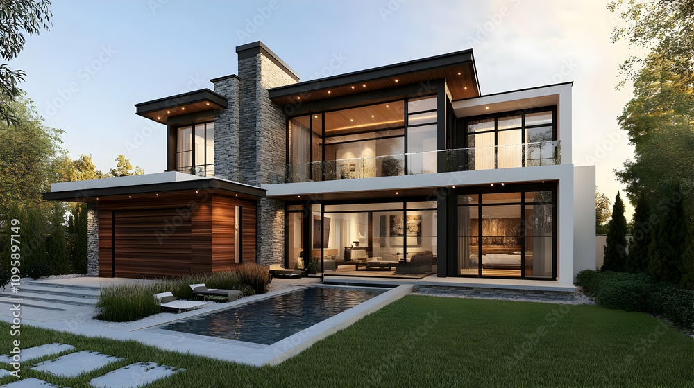 Modern House with Pool and Green Lawn - 3D Illustration