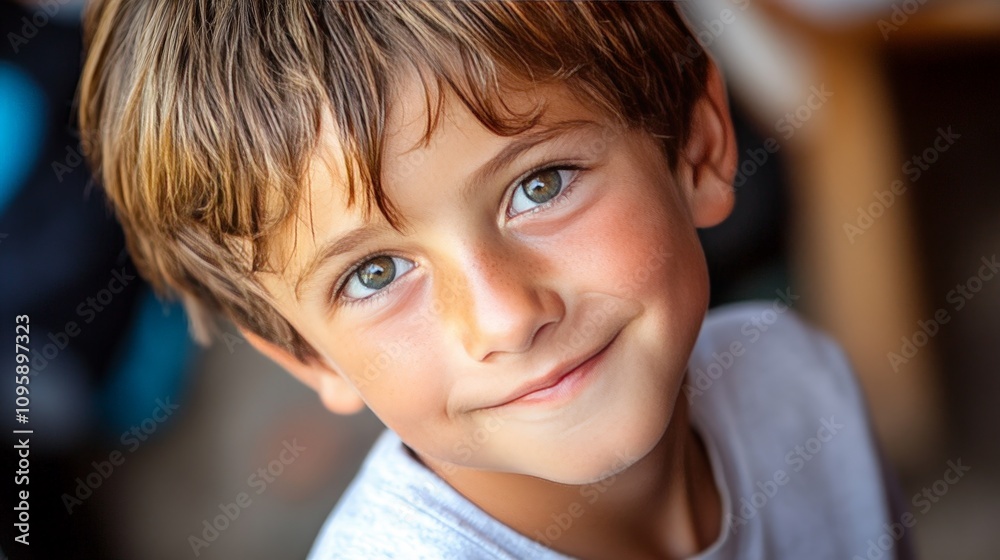 A young boy with a mischievous smile, his eyes glancing sideways, as if he is plotting a prank. A young boy with a mischievous smile, his eyes glancing sideways, as if he is plotting a prank.