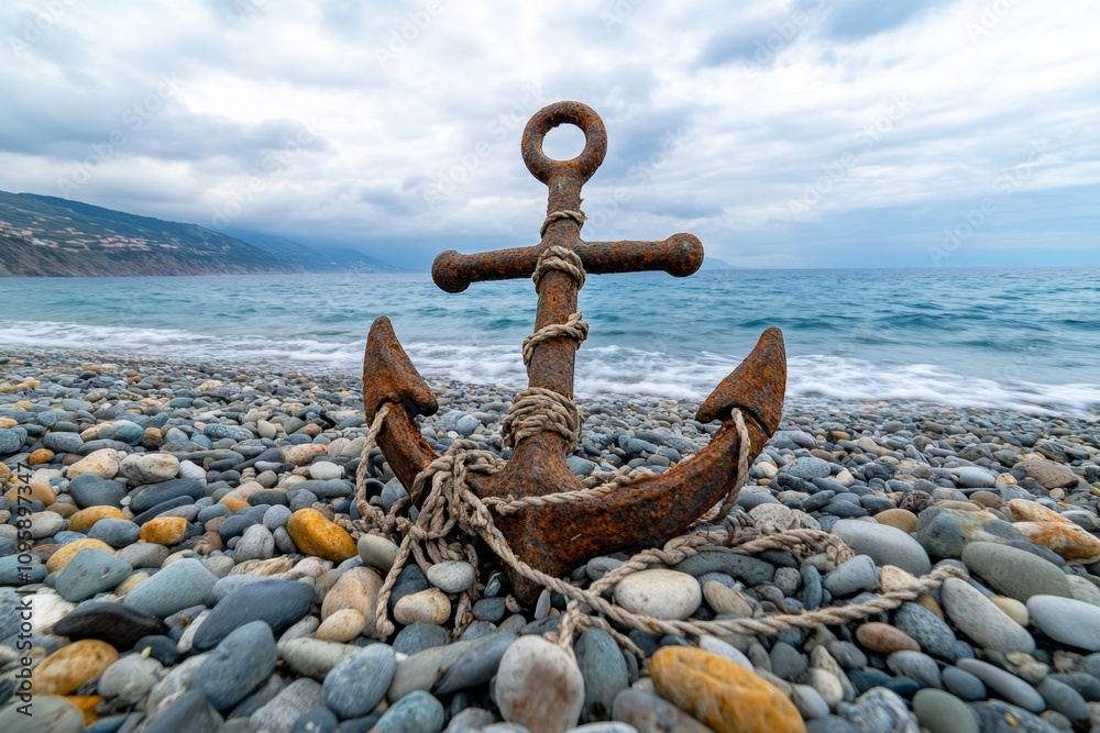 Fototapeta premium Anchor entwined with fishing nets and ropes, lying on a pebble beach under a cloudy sky