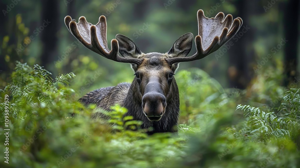 Close-up of a majestic moose in the forest, detailed focus on its antlers, surrounded by lush greenery, perfect for wildlife advertisement, natural and serene setting