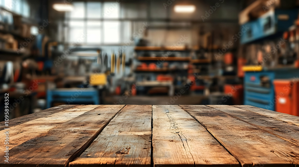 Wooden Table Top with Blurred Garage Background Wooden Table Top with Blurred Garage Background