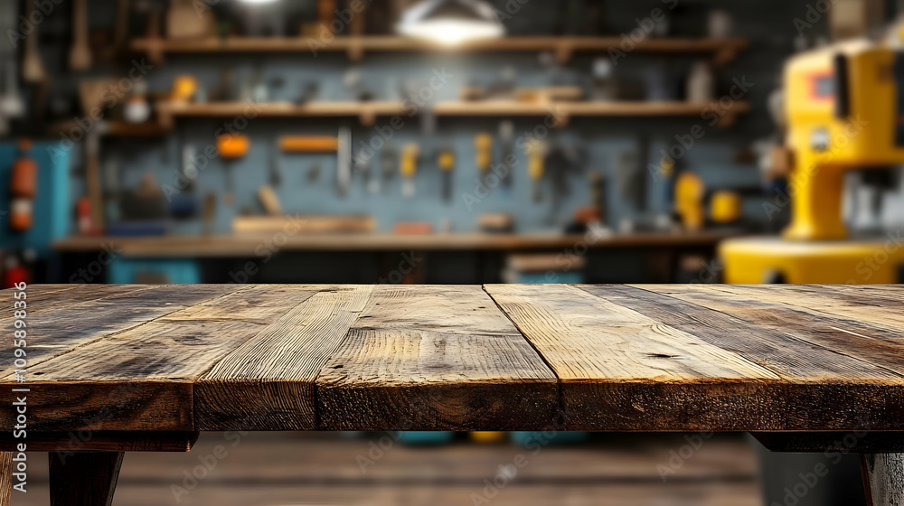 Rustic Wooden Tabletop with Blurred Workshop Background - Illustration Rustic Wooden Tabletop with Blurred Workshop Background - Illustration