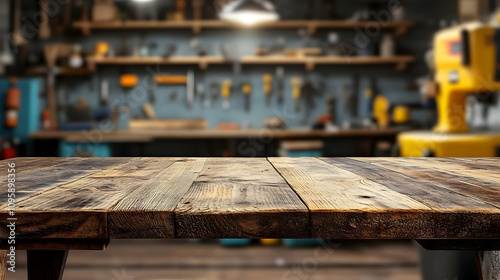 Rustic Wooden Tabletop with Blurred Workshop Background - Illustration