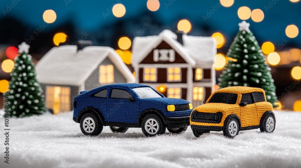 Festive Knitted Toy Cars in Snowy Winter Village Scene Festive Knitted Toy Cars in Snowy Winter Village Scene