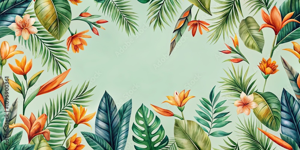 Vibrant Tropical Floral Frame with Lush Greenery and Orange Blooms for Design Projects Vibrant Tropical Floral Frame with Lush Greenery and Orange Blooms for Design Projects