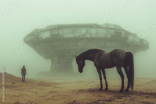 A lone figure stands in the mist with a horse in the foreground, an abandoned spaceship looms in the background. photo