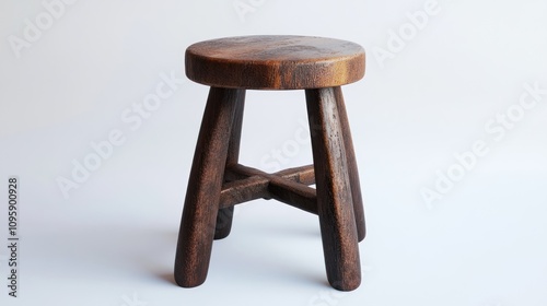 Rustic wooden stool on white.