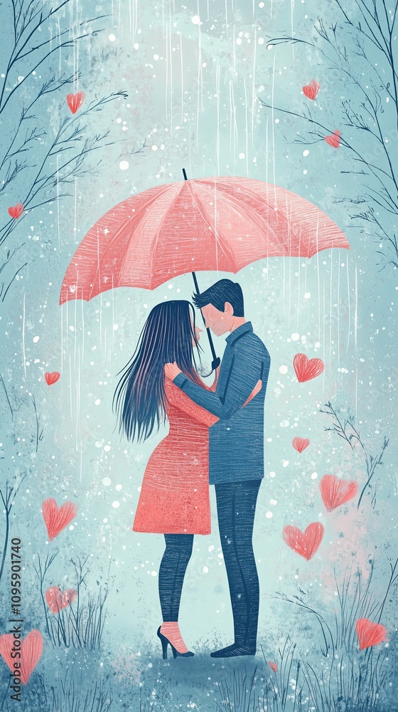 Fototapeta premium Romantic caucasian couple embracing under red umbrella in rain with hearts