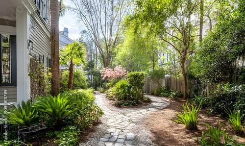 Real estate picture birds eye view neighborhood - A serene garden pathway surrounded by lush greenery and vibrant plants.