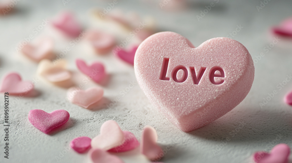 Pink heart-shaped candy with the word love surrounded by small heart-shaped candies on a textured surface Pink heart-shaped candy with the word love surrounded by small heart-shaped candies on a textured surface