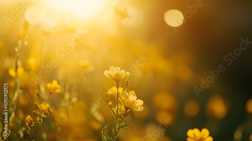 A sunlit field of vibrant yellow flowers in soft focus.