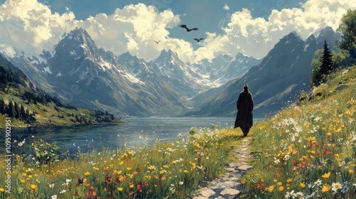 A solitary figure on a path through a vibrant mountain meadow, overlooking a serene lake and majestic snow-capped peaks under a partly cloudy sky, with two eagles soaring overhead.