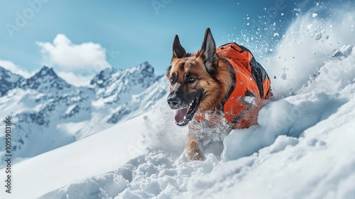 A search and rescue dog on a mission in the mountains, sniffing through the snow to locate an avalanche victim. photo