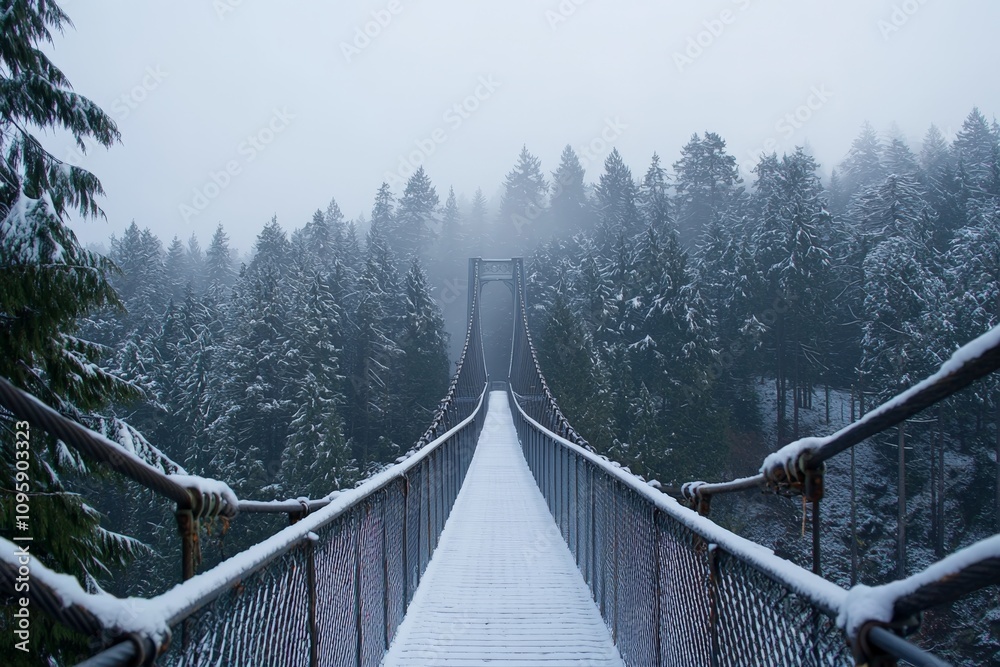 Fototapeta premium a long bridge with snow-covered railings surrounded by a winter landscape