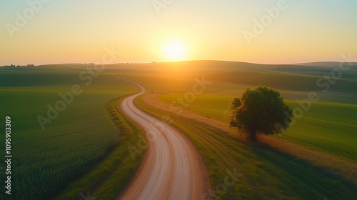 winding dirt road leads through lush green fields under golden sunset, creating serene and picturesque landscape.