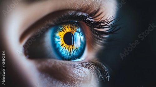 Close-up of a vibrant, colorful human eye with striking details.