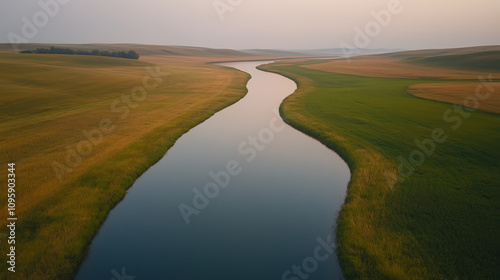 serene river flows through lush green and golden fields, creating picturesque landscape. calm water reflects soft hues of sky, evoking sense of tranquility and natural beauty.