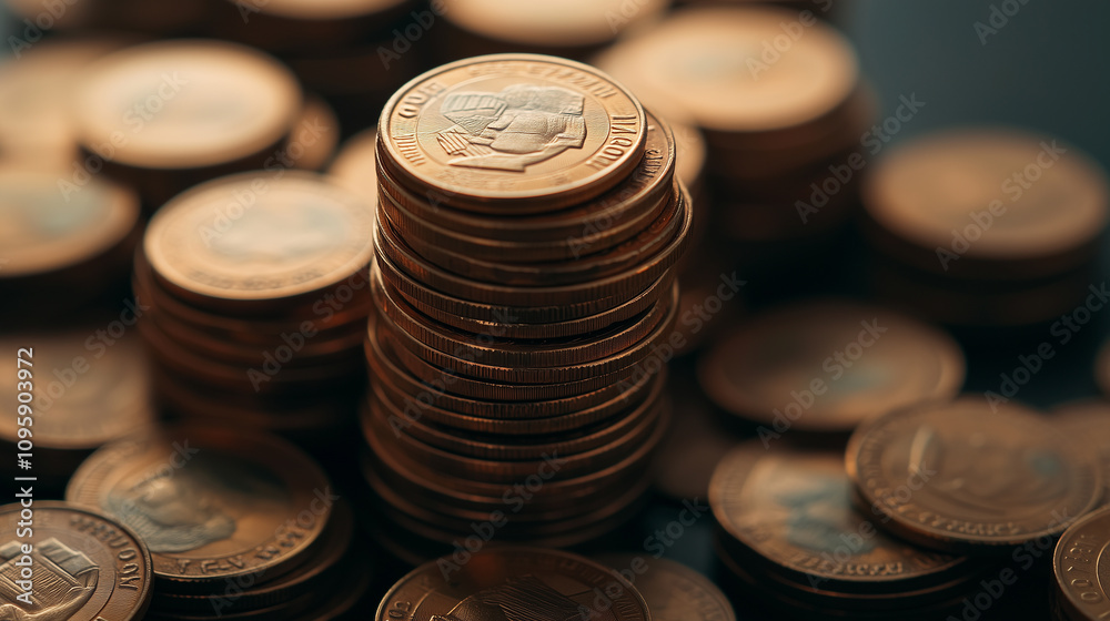 close up view of stacked coins with blurred background, showcasing their shiny surfaces and intricate designs. close up view of stacked coins with blurred background, showcasing their shiny surfaces and intricate designs.