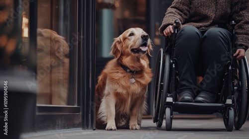 A service dog pulling open a door for their handler in a wheelchair, showcasing their training in public access.