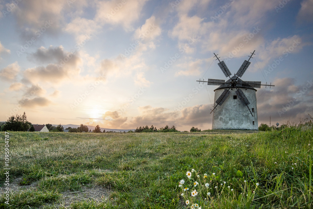 Windmill with wooden wings in a landscape setting. Fields, meadows and flowers appear in the sunset. Landscape shot in nature with a mill. historically untypical for the Balaton region in Hungary Windmill with wooden wings in a landscape setting. Fields, meadows and flowers appear in the sunset. Landscape shot in nature with a mill. historically untypical for the Balaton region in Hungary