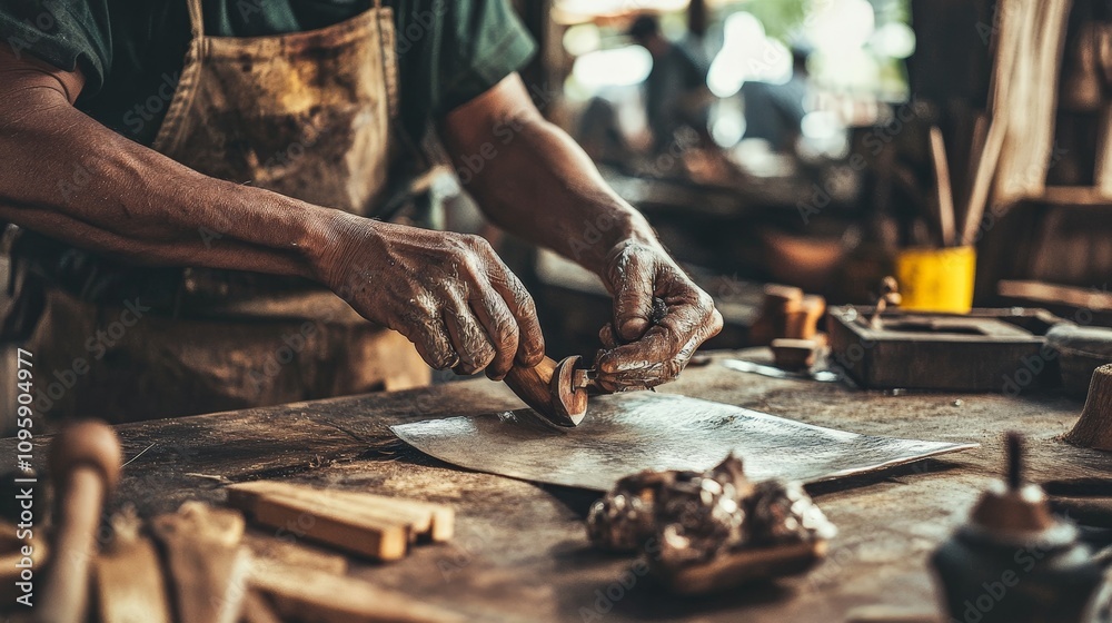 A silversmith hammering a sheet of silver into shape, crafting an intricate piece of jewelry in a traditional workshop. A silversmith hammering a sheet of silver into shape, crafting an intricate piece of jewelry in a traditional workshop.