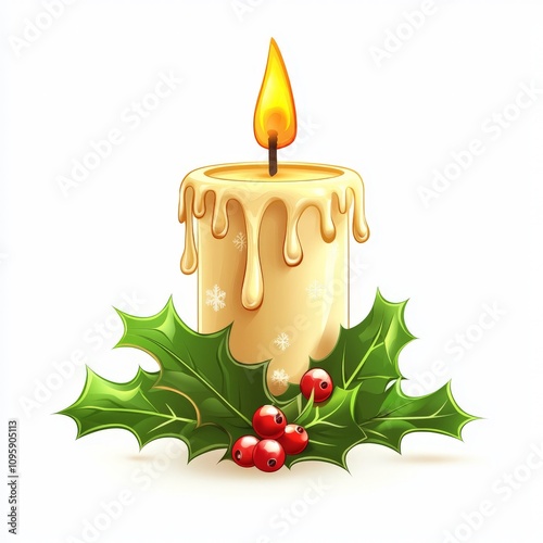 a melting advent candle with holly leaves and berries on white background