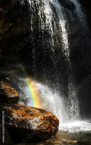 Water falling in sheets over a rocky ledge, catching sunlight and creating rainbows in the mist, waterfall with rainbow, nature s beauty and power photo