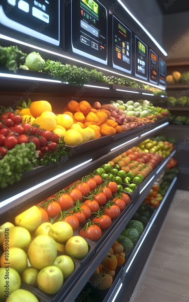 Modern grocery shelves stacked with colorful fruits and vegetables Modern grocery shelves stacked with colorful fruits and vegetables