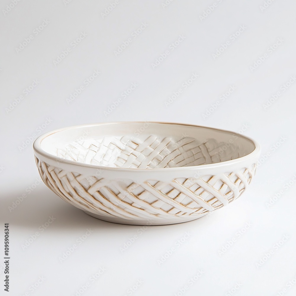 White ceramic bowl with a gold woven pattern. White ceramic bowl with a gold woven pattern.