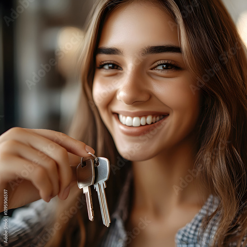 Empowered real estate agent showcasing keys urban setting professional portrait bright environment engaging viewpoint success concept