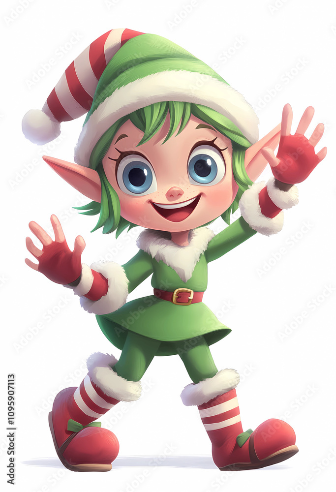 A cute elf with green hair and blue eyes, dressed in Christmas attire including red shoes, white striped stockings A cute elf with green hair and blue eyes, dressed in Christmas attire including red shoes, white striped stockings